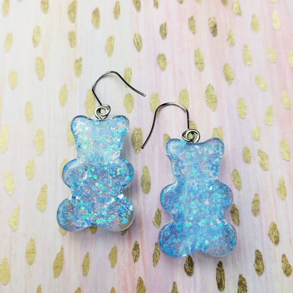New Blue Confetti Teddy Bear Sparkle Candy Gum Drop Gummy Bear Earrings - Picture 3 of 6